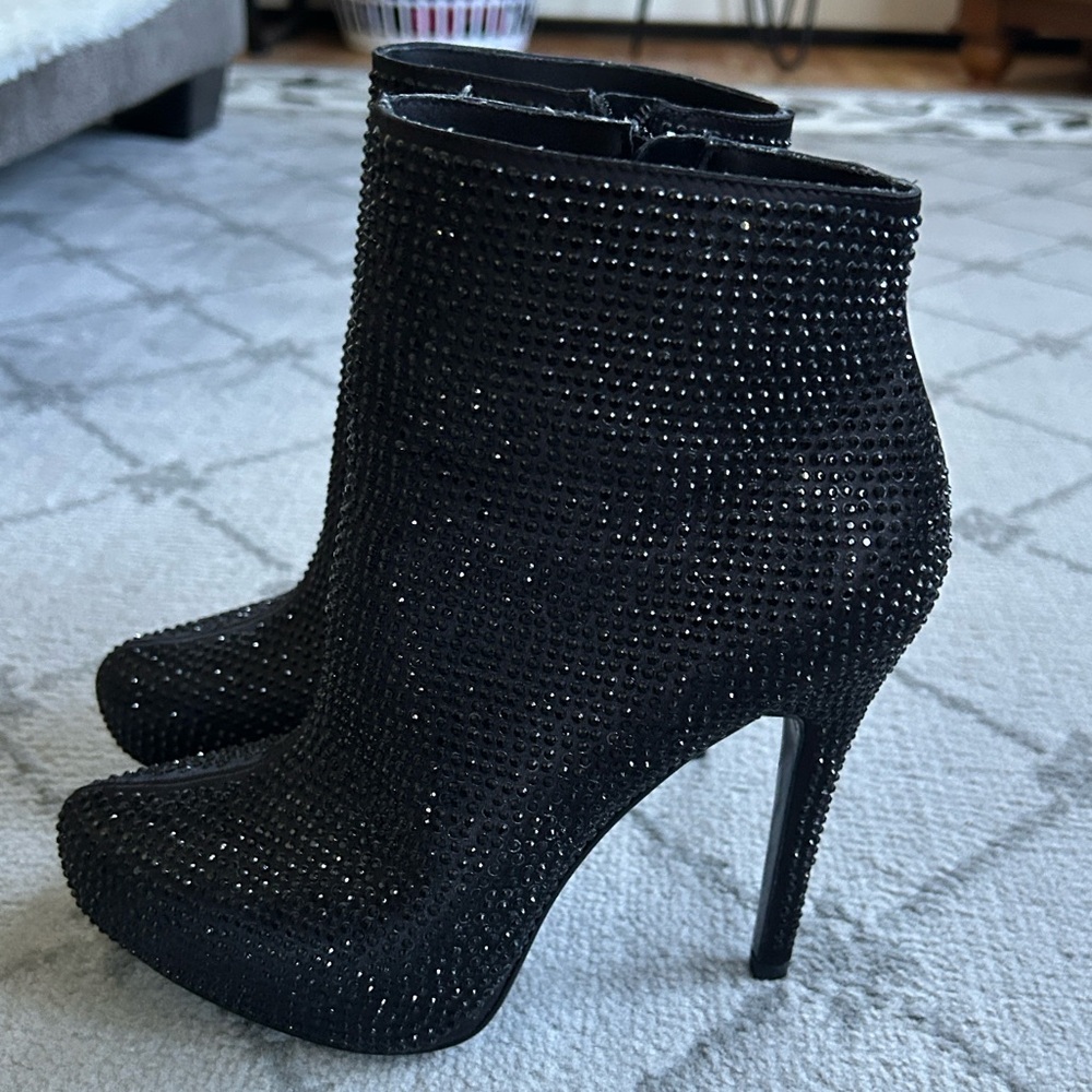 Report Signature Black Stiletto Rhinestone Ankle Boots